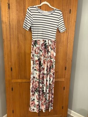 Reborn White Navy Striped Top with Blush Floral Maxi Dress